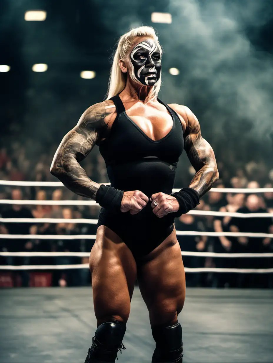 Full height extremely muscular blonde tattooed female bodybuilder with frightening face paint wearing a sleeveless black wrestling outfit standing in a wrestling ring inside a large crowded smoky arena doing a double biceps flex