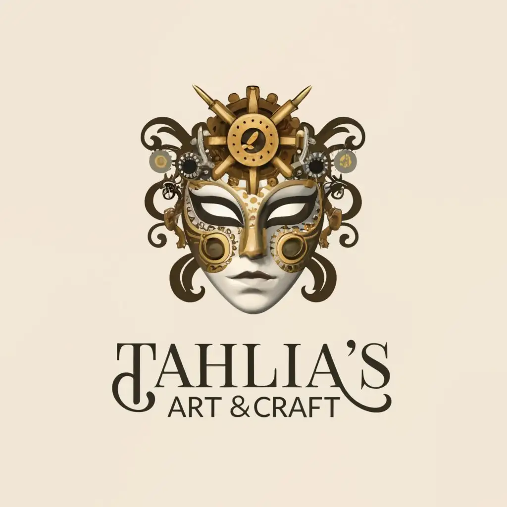 a logo design,with the text "Tahlia's Art & Craft", main symbol:Venetian style full face steampunk mask,Minimalistic,clear background