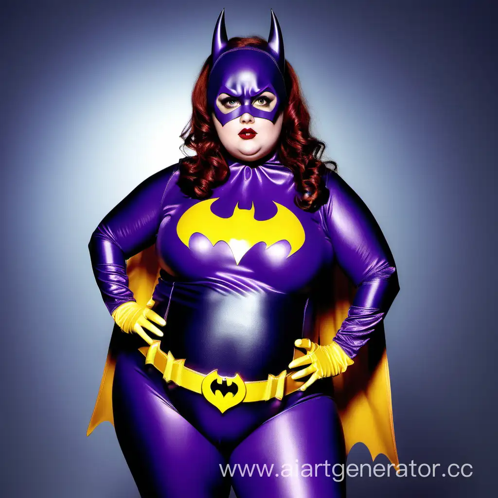 A plump woman in a purple Batgirl costume