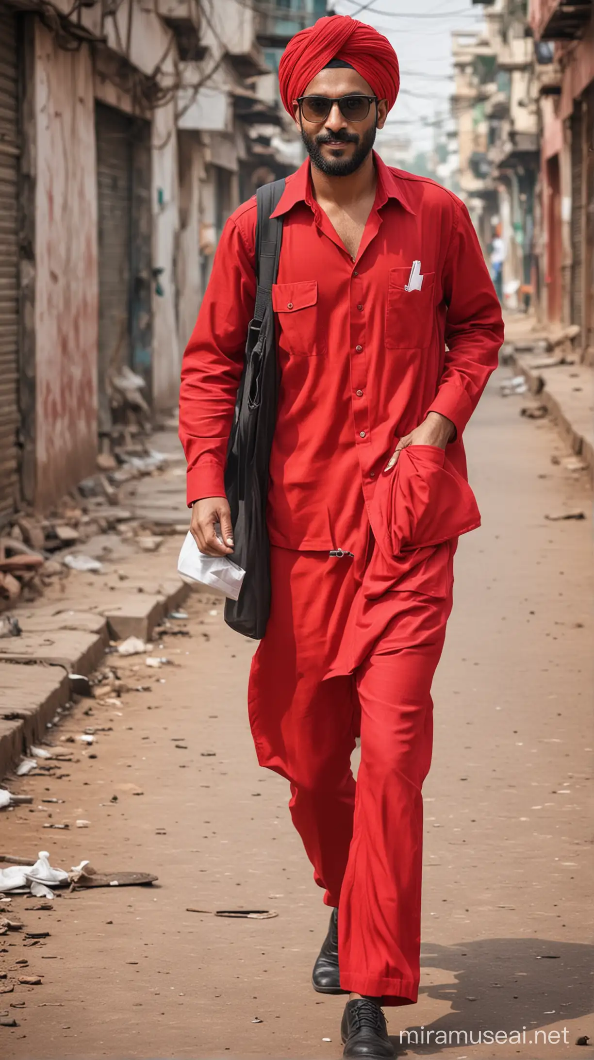 Stylish Businessman in Red Outfit Heading to Work