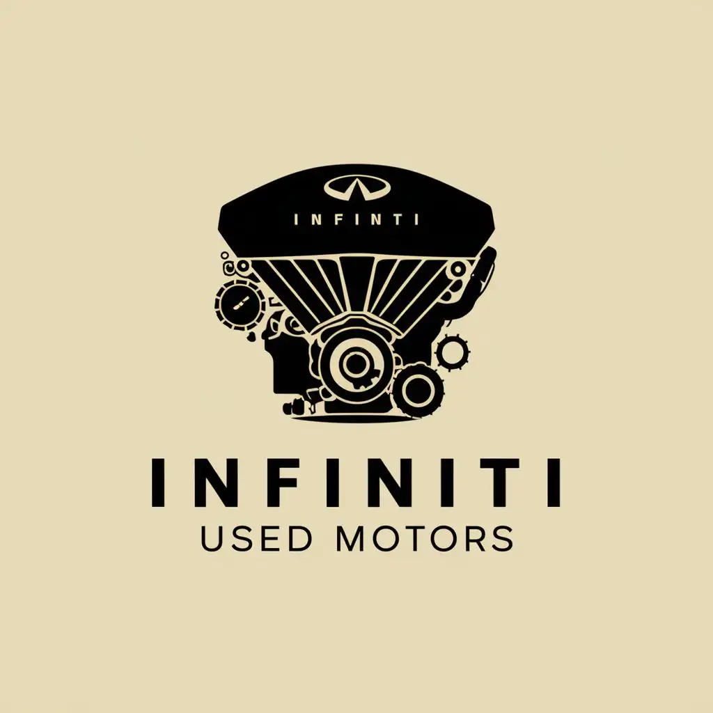 logo, simple illustration of engine front-side, with the text "Infiniti used motors", typography, be used in Retail industry