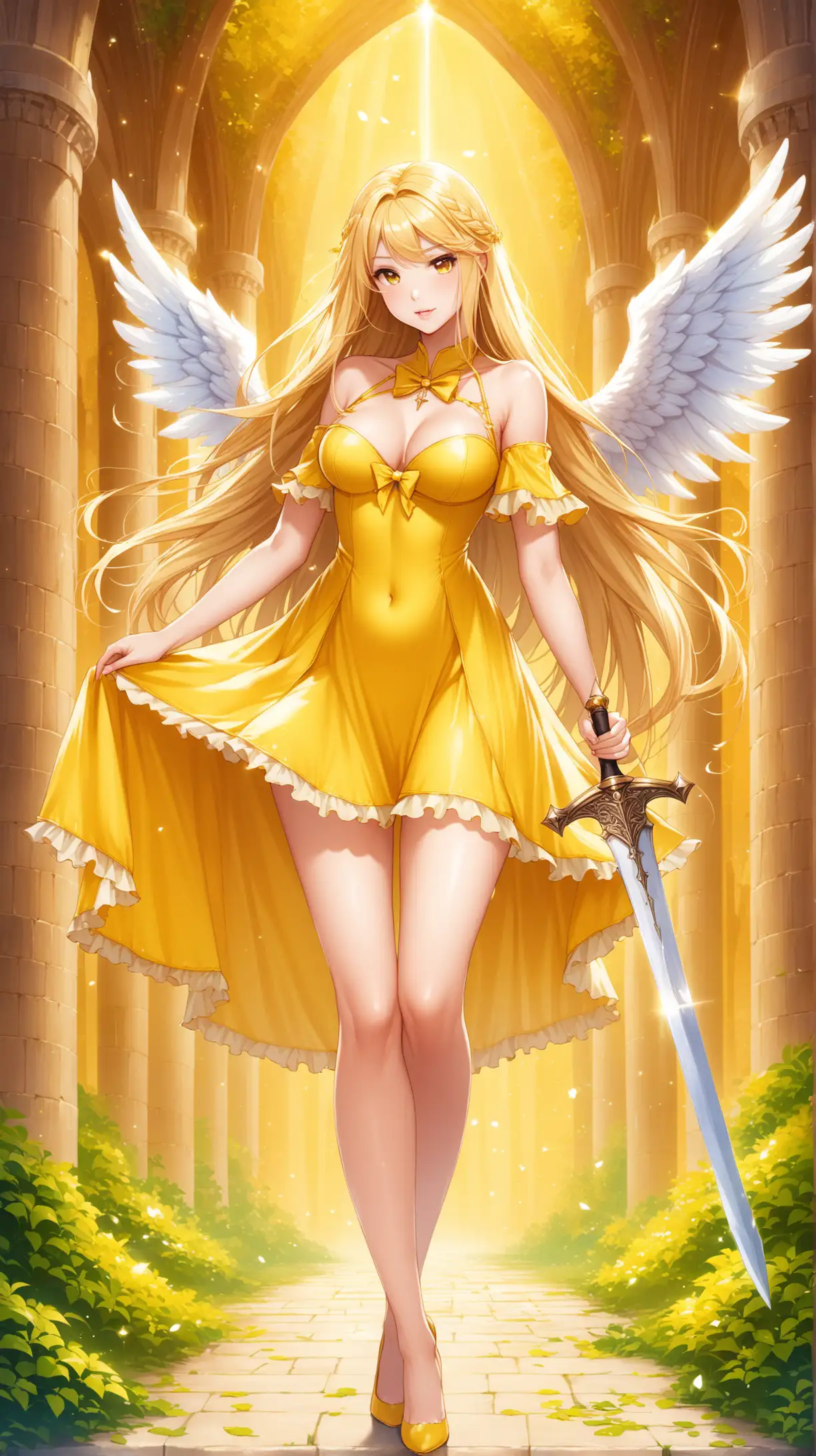 Sexy women carry sword , angel costume, playful, blond long hair, yellow short sexy dress, fantastic background .