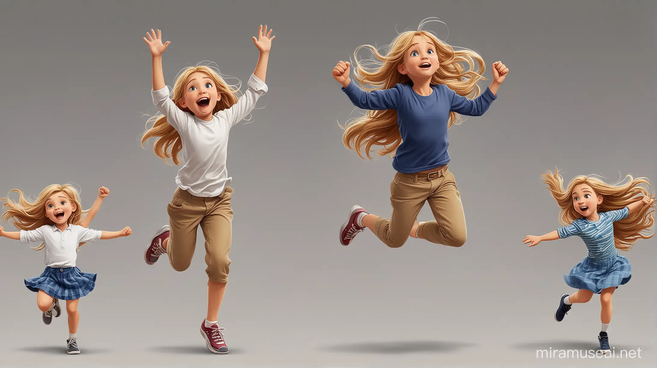 Dynamic Dark Blond Girl Running Dancing and Jumping in 2D Illustrations