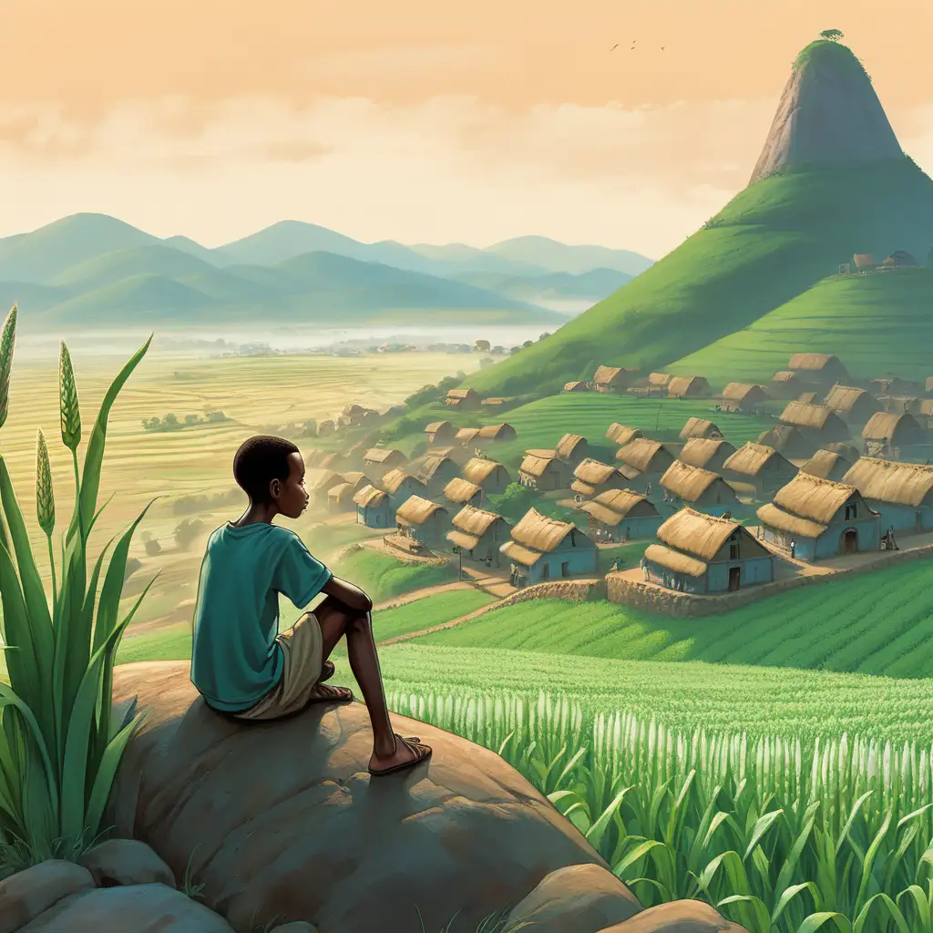 an 18 year old boy sits on a rock by hilltop watching the village, the african village has tall green maize tall stalk rows and a mountain on its end. The overall style should be a muted, children's illustration aesthetic. haunting atmosphere