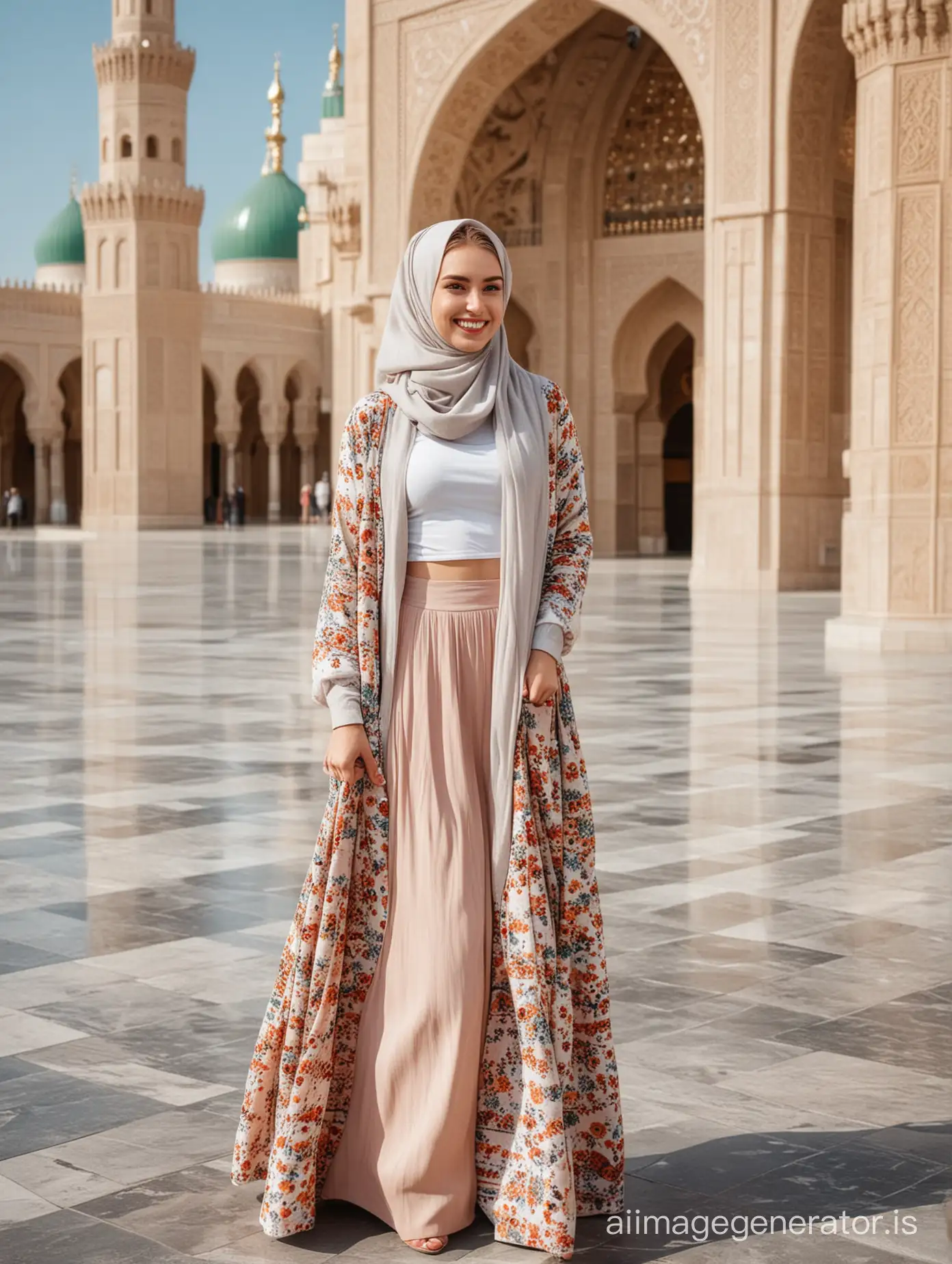 russian girl in hijab, wearing outer cardigan, long maxi skirt, eye level, dynamic pose, smile, background Mecca mosque