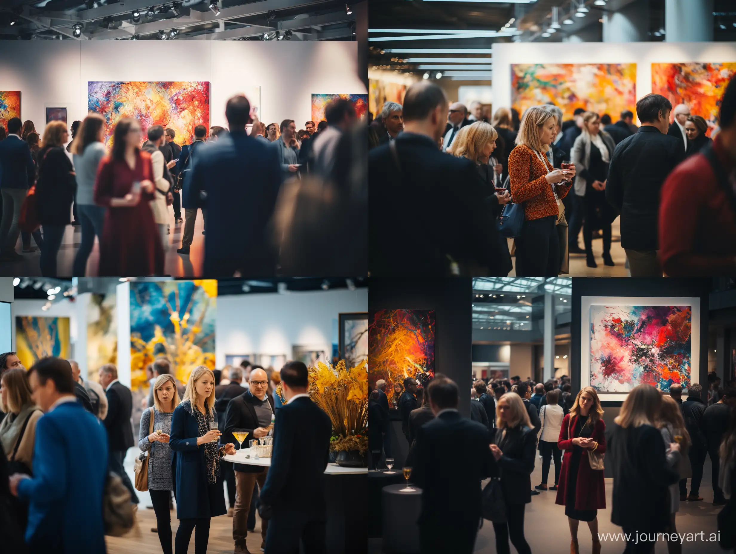 a busy exhibition event with many people visible in the blurred background