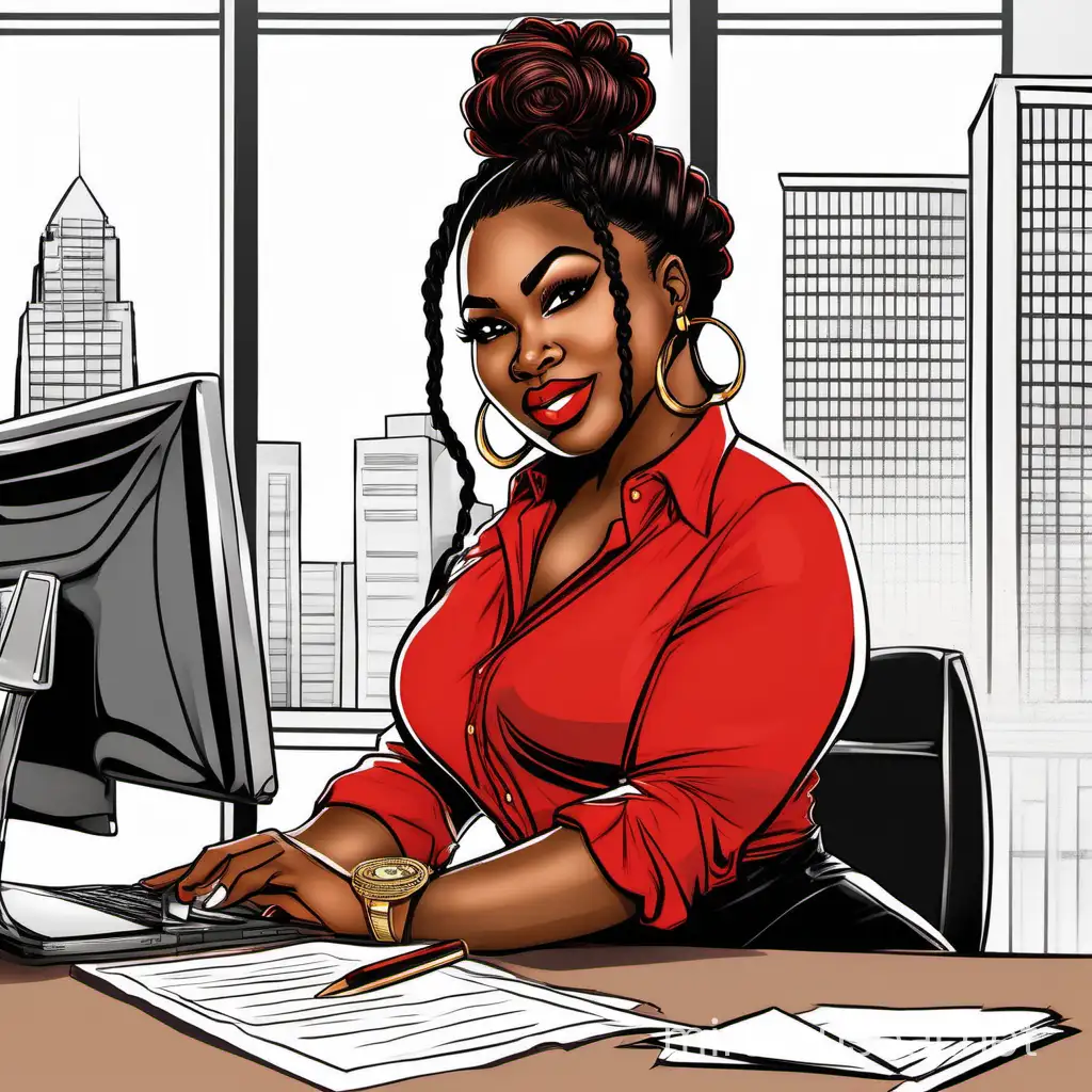 create a African American beautiful curvy woman makeup flawless long wavy hair in a messy bun  wearing a Red shirt Black jean with red bottom heel sitting on her desk in her office  holding her notary seal and paperwork in her hand briefcase on the side of the desk background is office buildings and a busy street through the clear large windows 