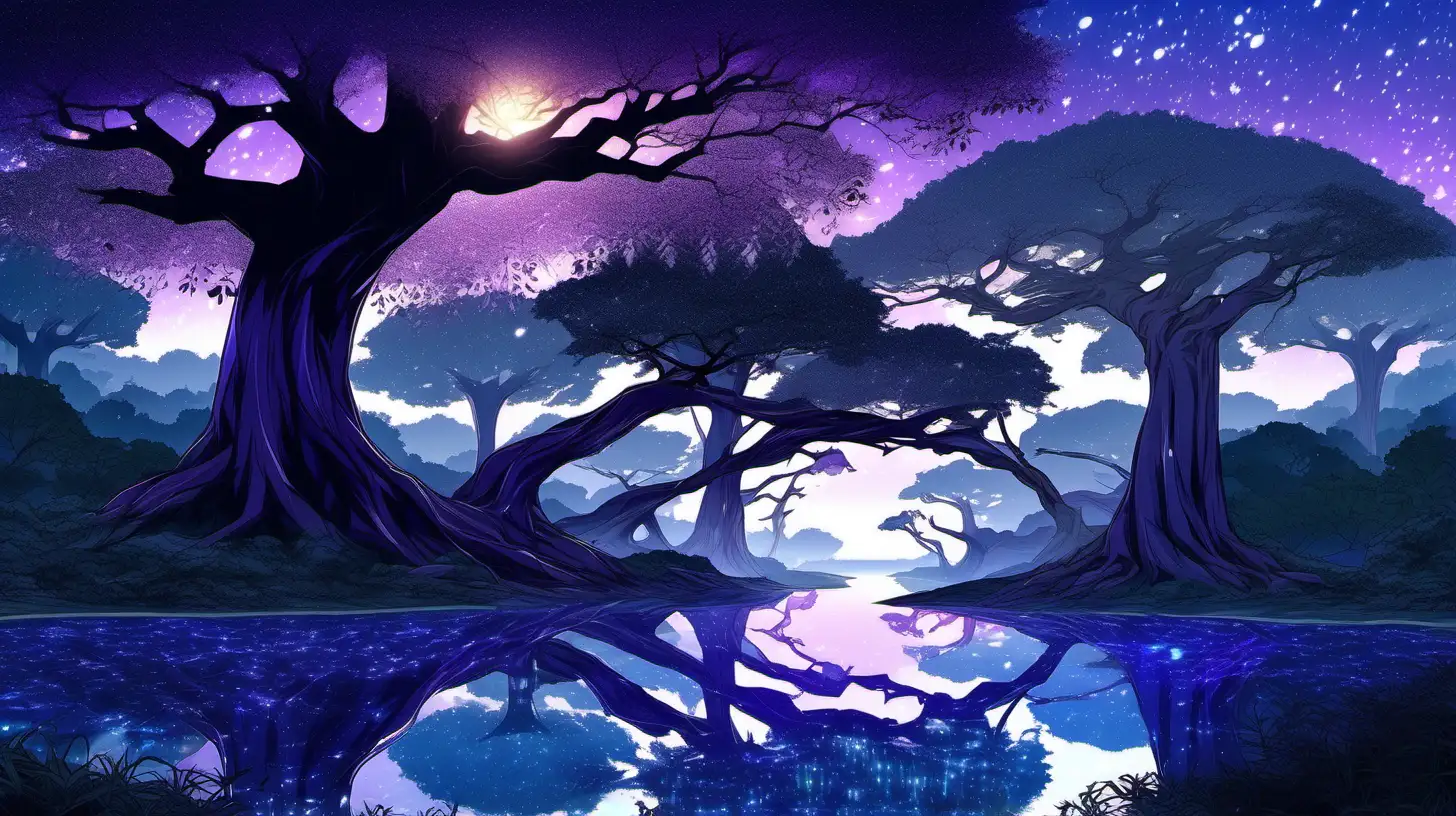 in anime style, a beautiful magical forest, with various shades of purple and blue. The landscape is bathed in perpetual twilight, showcasing a unique blend of ethereal elements that defines its magical allure, and giant Ancient oak trees , a focus on the Crystal-clear streams meandering through the groves,  as their waters reflect the shimmering moonlight 