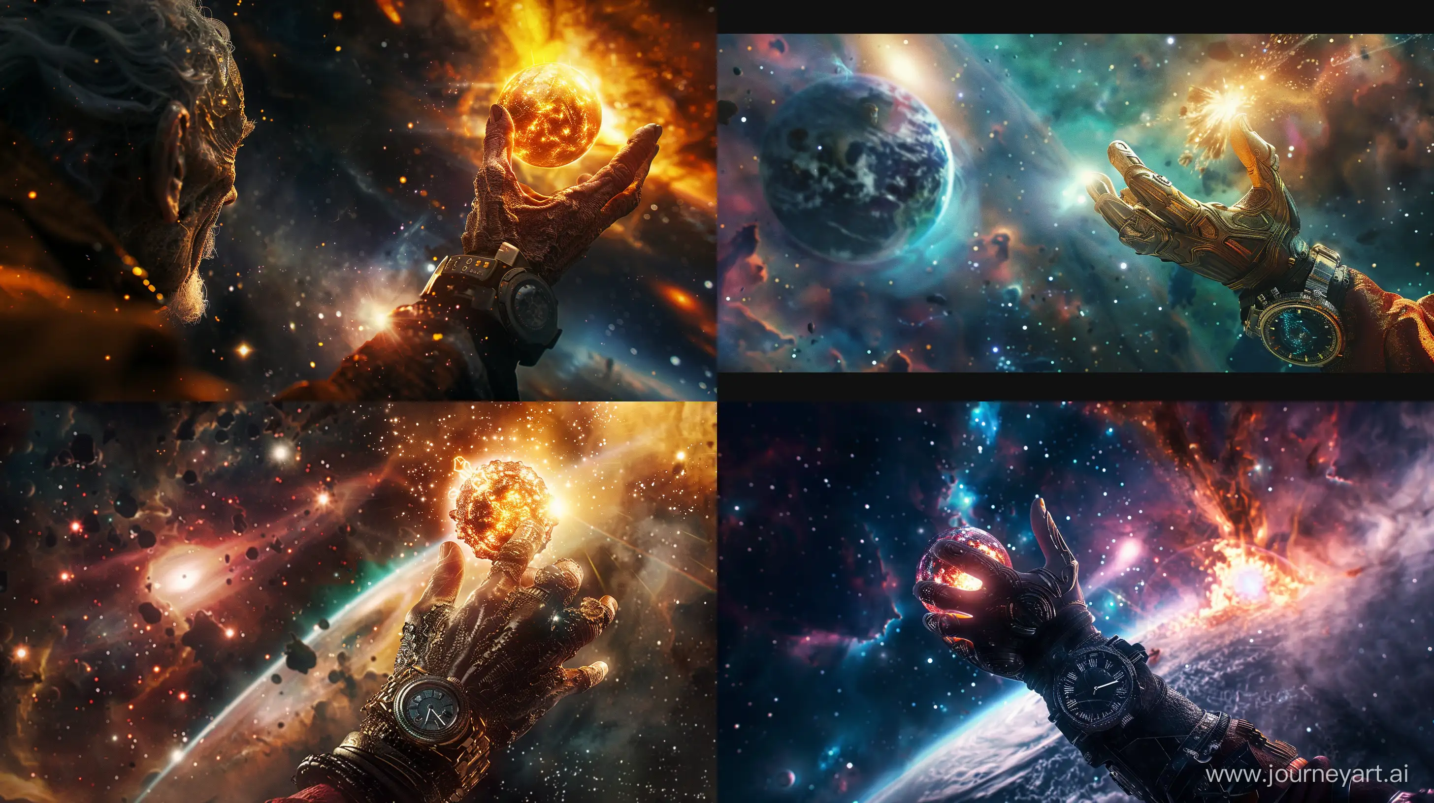 Prometheus with a luminous sphere in his watch hand into the distance, space, distant galaxies, supernova explosion, cinematic, super realistic, full color, fujifilm camera --ar 16:9