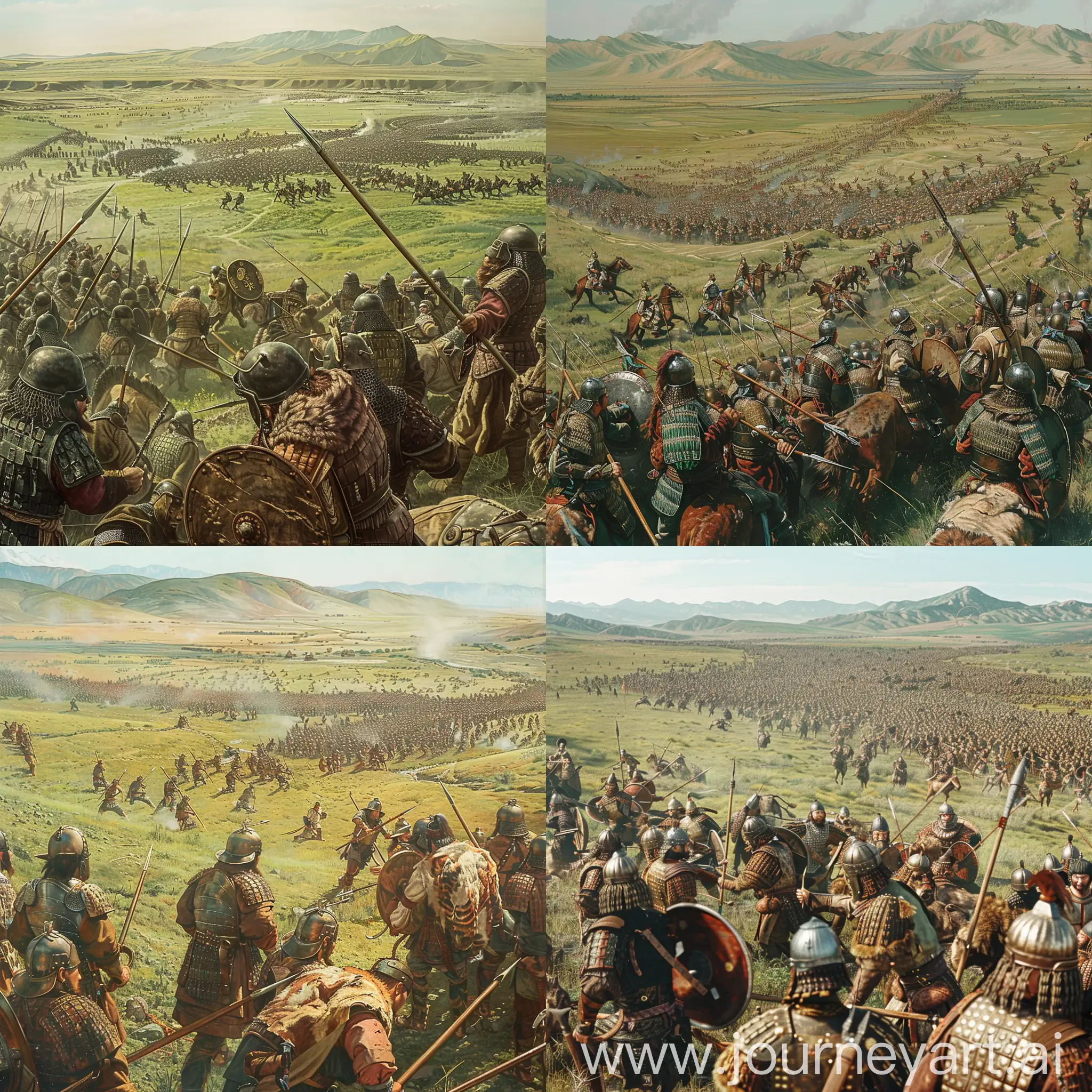 The battle on the steppe featured Qin soldiers wearing armor and helmets, using spears, fighting against nomadic enemies wearing animal skins and wielding curved swords. The landscape is plain, green grass, hills and mountains in the distance. Observation angle from above, giving a panoramic view and huge-sized armies