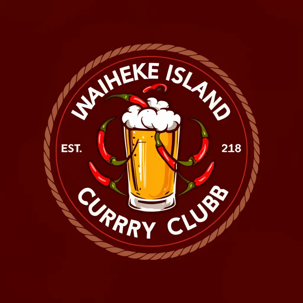 LOGO-Design-for-Waiheke-Island-Curry-Club-Spicy-Red-Chilis-and-Frothy-Beer-Glass-Emblem