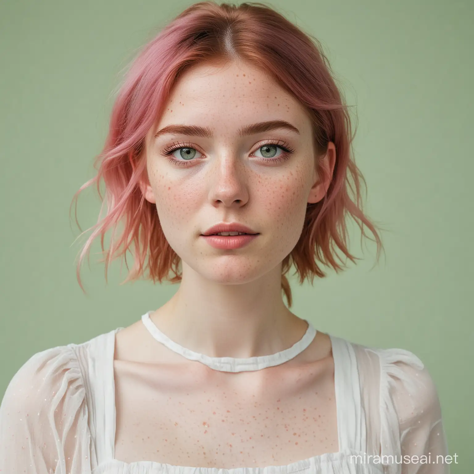 Pink Freckled Woman in Minimal Pastel Green Setting