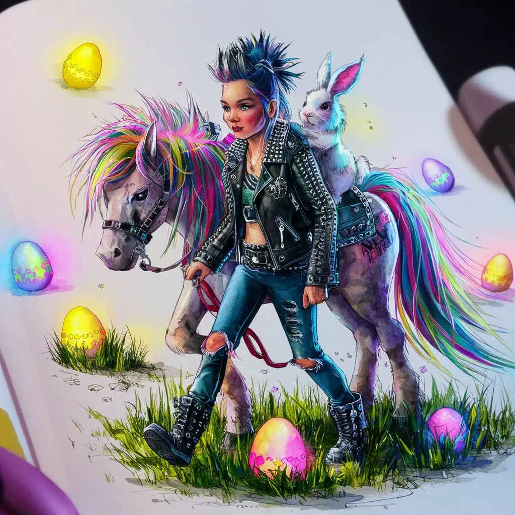 The adventures of a teenage girl, her pony and her white bunny , black and white color, coloring bok, colorful neon Easter eggs, watercolor, punk style, detailed, shot on a 35 mm camera