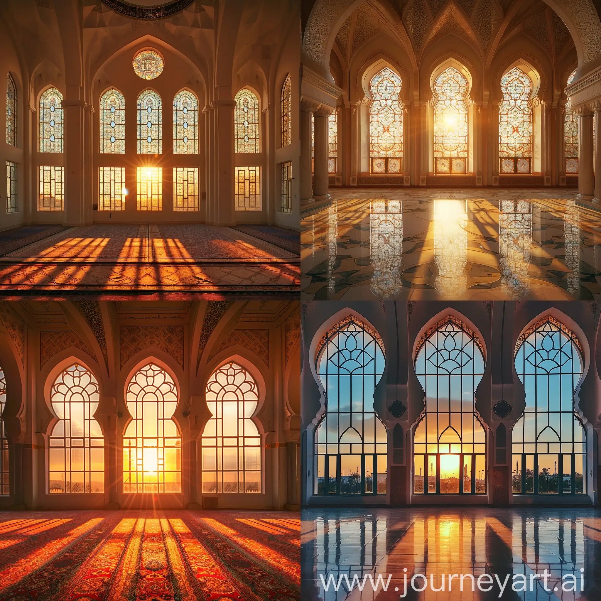 A beutiful mosque from inside. High windows with sunset light coming trough the window