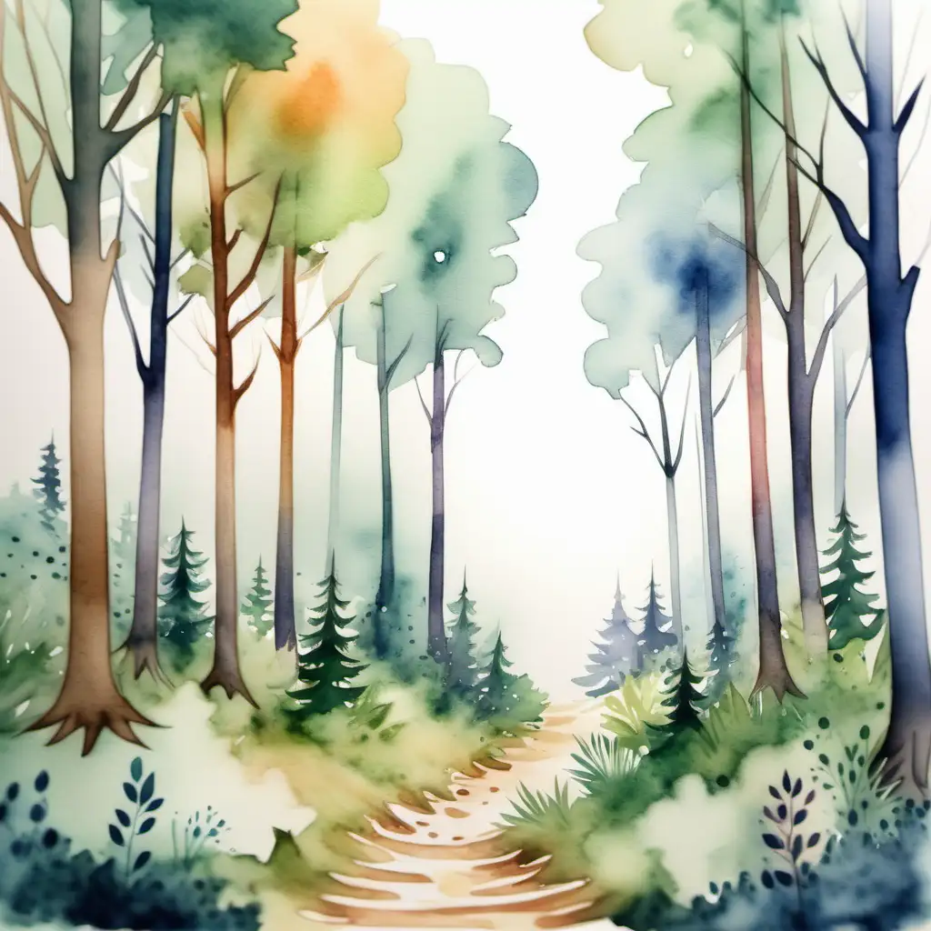 A beautiful forrest. Watercolour style. Make it appealing to a three year old. 