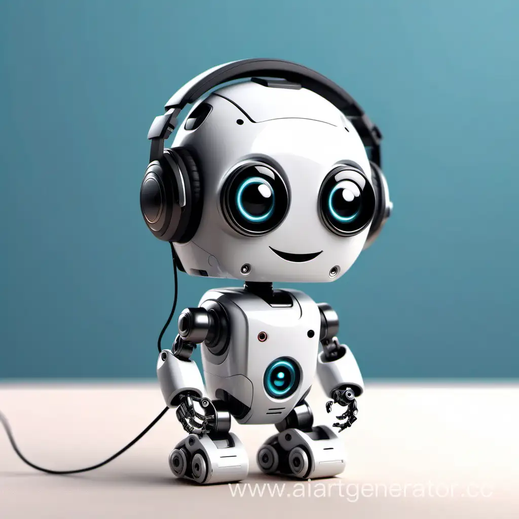 Smiling-Mini-Robot-with-Headphones-and-Phone-in-Minimalist-Classroom-Scene