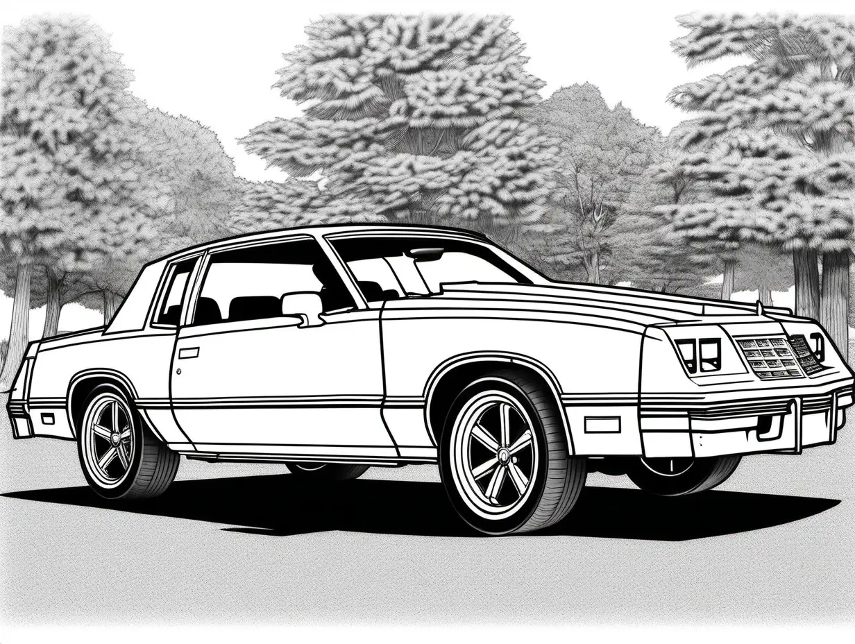 coloring page for adults, American muscle car, 1983 Chevrolet Monte Carlo SS, high detail, no shade
