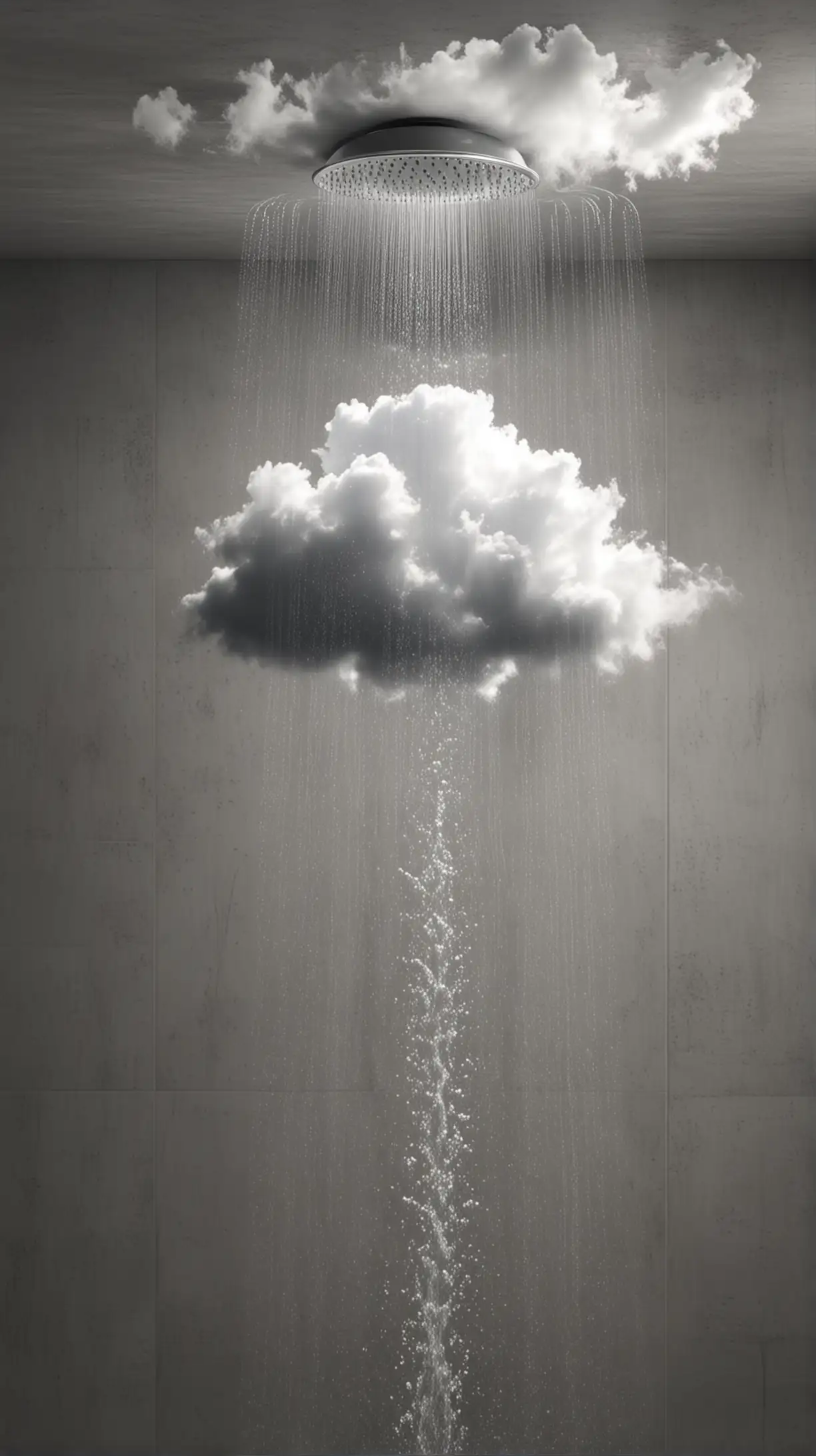 Erstelle mir ein Bild wo Wasser aus einem Duschkopf Läuft in eine Wolke hinein. Realistisch
