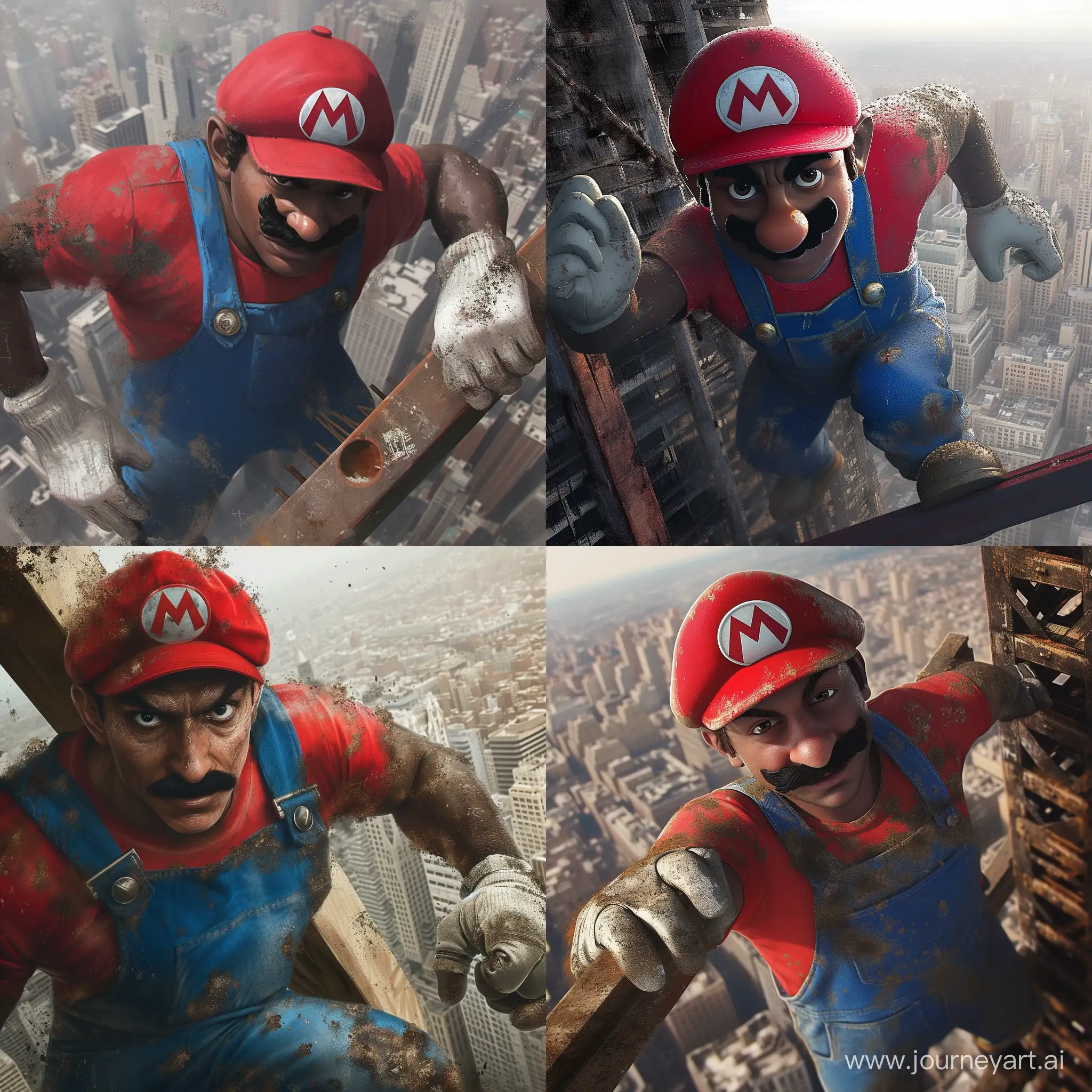 a creative, digitally-manipulated artwork of a character that seems inspired by the iconic video game will smith as character Mario from Nintendo's Mario series. However, unlike the traditional, whimsical portrayal of Mario, this depiction is more realistic and gritty.

The character maintains several of Mario's classic design elements, such as the red cap with the distinctive "M" symbol, the blue overalls, red shirt, white gloves, and the mustache. The character has a determined expression on his face and is looking directly at the viewer, which could imply a sense of readiness or challenge.

The setting of the image is a cityscape that is slightly out of focus in the background, suggesting a considerable height. The character is gripping a beam with one hand and seems like he could be engaged in some construction work, resembling the character's original background as a carpenter in the Donkey Kong arcade game.

Notably, the character has darker skin, which is a departure from the traditionally depicted Italian plumber Mario, making this image a unique and diverse interpretation of the character. The image is detailed with textures and wear, like dust and rust on the clothes and gloves, giving it a more rugged and mature theme.