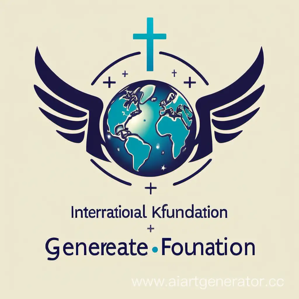 сгенерируй логотип. International kids Fundation. Там должна быть планета, крылья, и крест в верху.