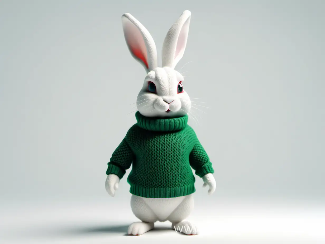 A white rabbit in a green knitted sweater stands tall on a white background, zd rendering, raw style, 32k
