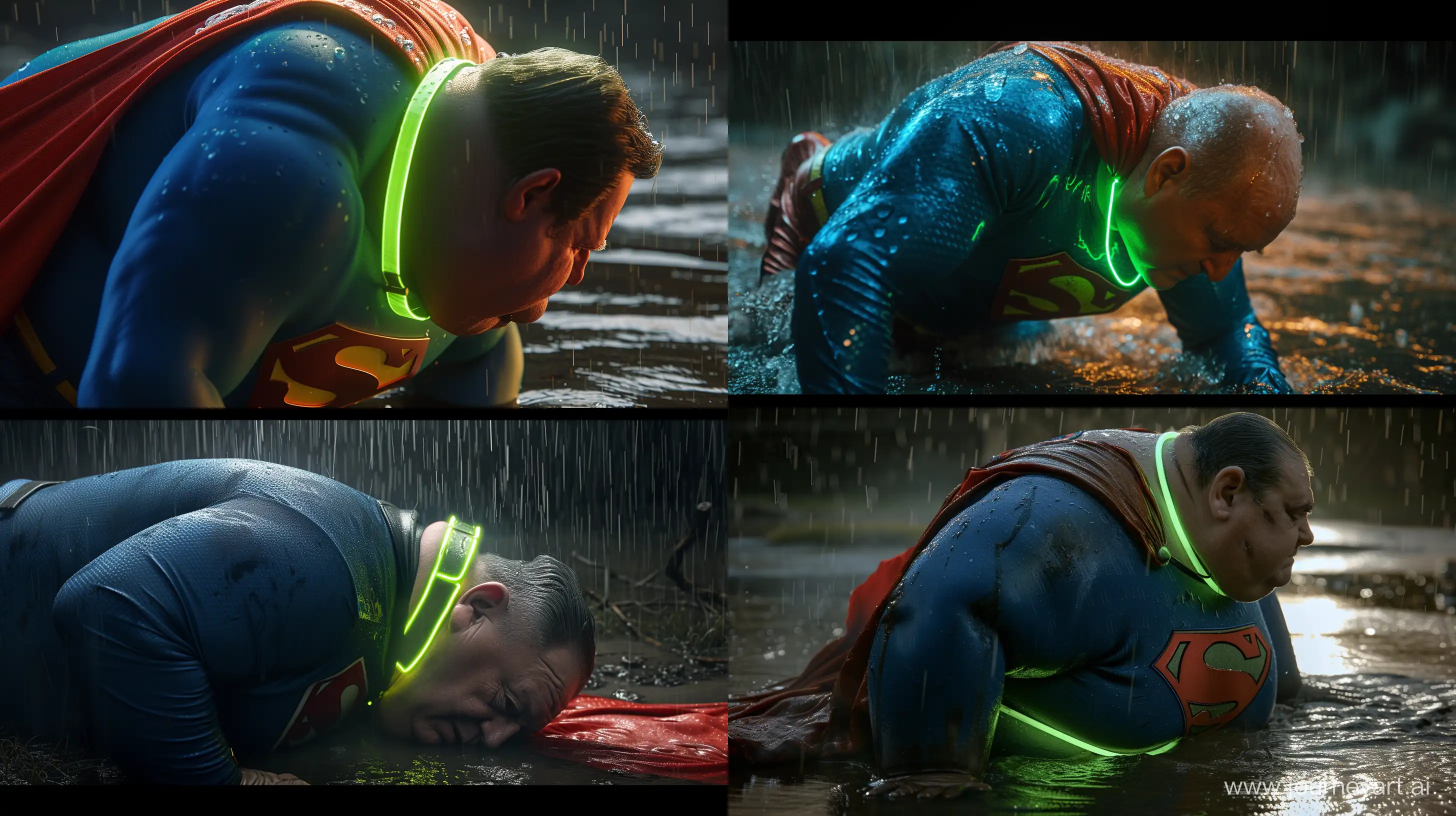 Close-up photo of a fat french policeman aged 60. Bending behind and tightening a tight green glowing neon dog collar on the nape of a fat man aged 60 wearing a tight blue 1978 smooth superman costume with a red cape crawling in the rain. Natural Light. River. --style raw --ar 16:9