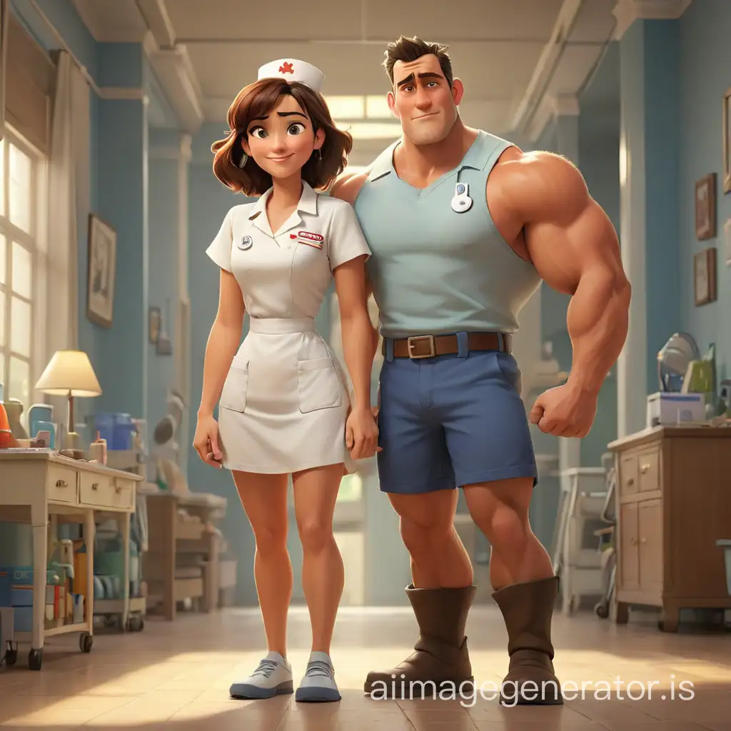 a Pixar style lovers, a muscular man and a nurse, both 40 years old