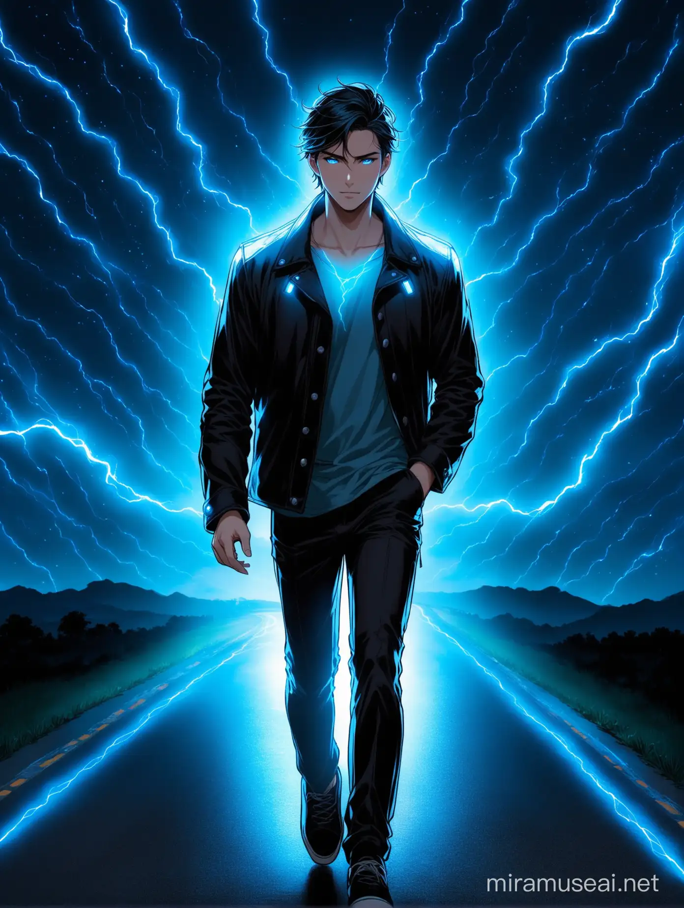 A handsome young man walking on the road with blue luminous lightening lights surrounding him in the dark of the night