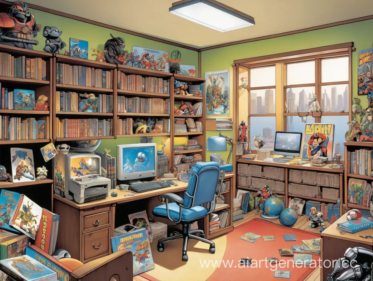 комната с играми, фигурками, книгами, комиксами и компьютером