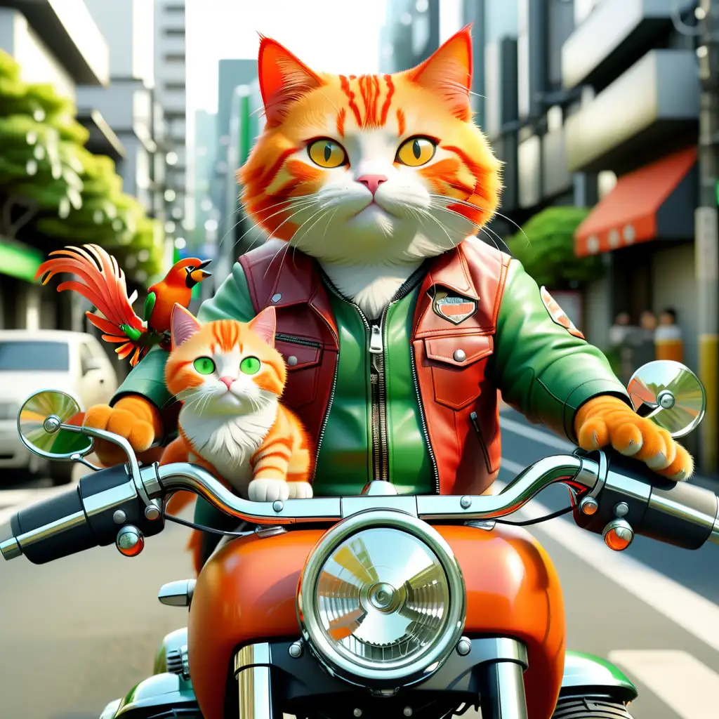 very cute orange cat and beautiful red green bird on the right back. he was riding a Harley-Davidson motorbike. in Tokyo city. realistic, film stock, bright colors"