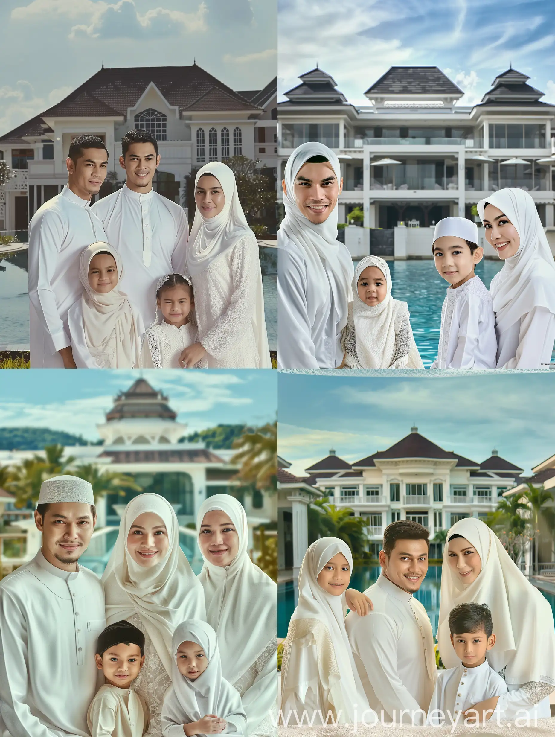 (8K, RAW Photo, Photography, Photorealistic, Realistic, Highest Quality, Intricate Detail), Medium photo of 25 year old Indonesian man, fit, ideal body, oval face, white skin, natural skin, medium hair, wearing white Muslim clothes, side by side with a 25 year old Indonesian woman wearing a white hijab, a white Muslim, they smile facing the camera, their eyes look at the camera, the corners of their eyes are at the same level and a 10 year old girl dressed in white Muslim clothes and a 20 year old boy dressed in white Muslim clothes with a view of a luxurious house sitting on the sopa.