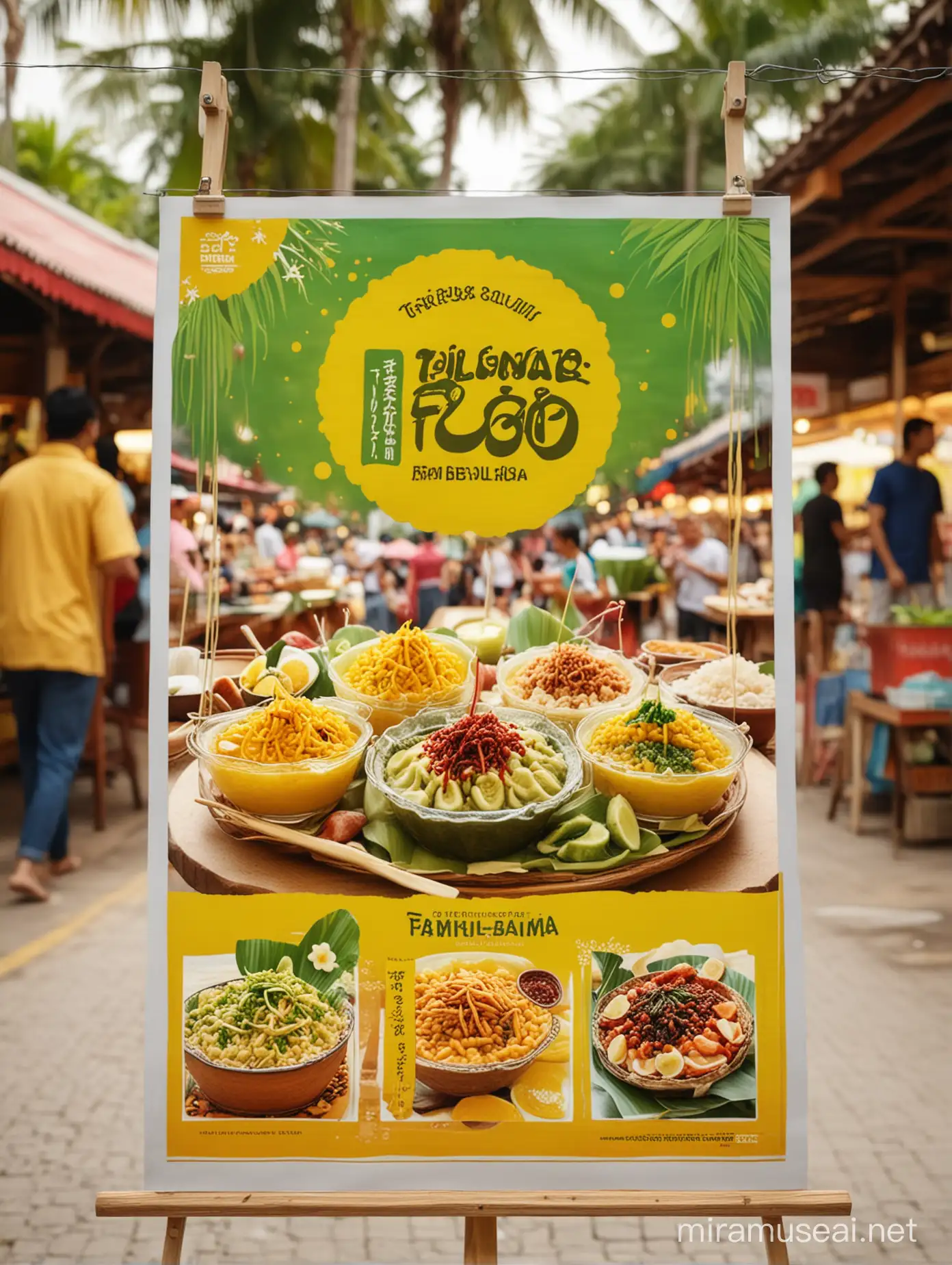 POSTER DENGAN WARNA LATAR BELAKANG WARNA KUNING, SEBUAH PESTA MAKANAN DI MALAYSIA DENGAN KIOSK KIOSK MAKANAN TRADISIONAL SEPERTI CENDOL, APAM BALIK, TAUFU FAH, KEROPOK LEKOR DAN LAIN LAIN. POSTER HD, 4K, BOKEH, WIDE ANGLE