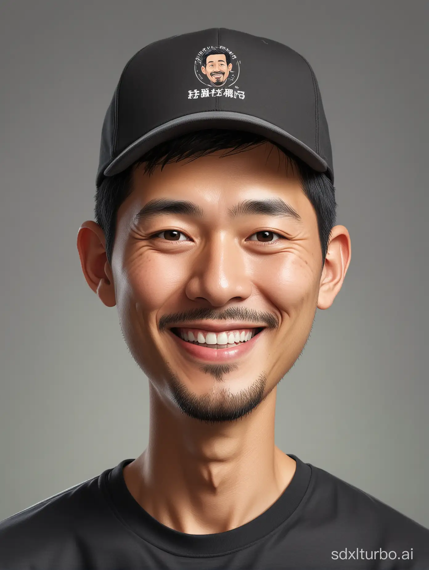 Caricature of a  chinese man with a thin beard, short black hair, wearing a  hat, wearing a black t-shirt. Smiling, Gray background
