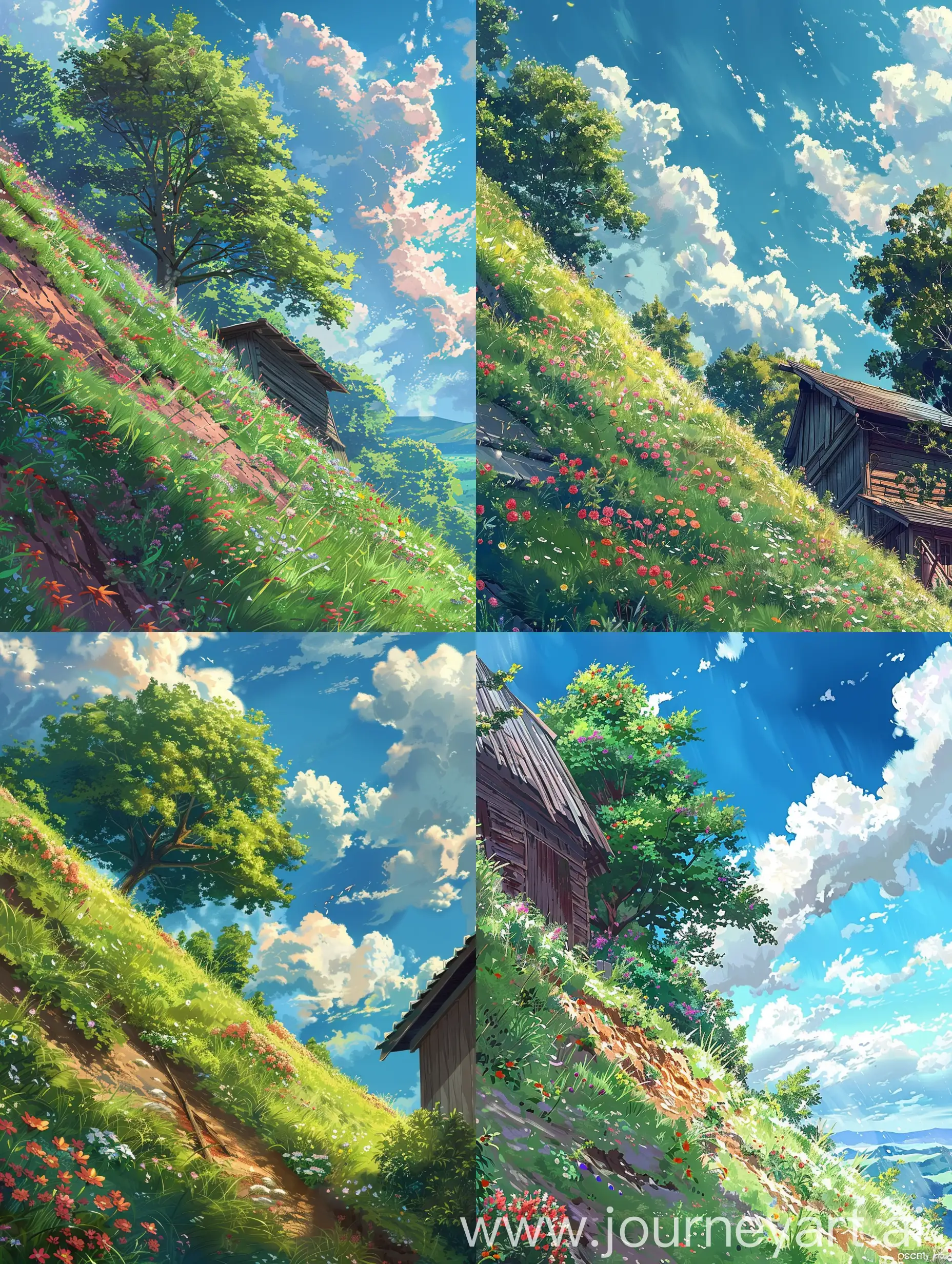 Beautiful anime style,Makoto Shinkai style,a giant slope with a little bit of grass,summer season,some vibrant flowers,a beautiful tree which is providing shed,beautiful sky with fluffy clouds,a little bit of windy,a vast scene of nature beauty can be seen from the right side,everything is wonder of nature and are perfect,everything is highly detailed,it is taking viewers into true nature beauty,viewers can feel the vibe,Give a touch of studio Ghibli, A wooden house can be seen,peace,tranquility. 