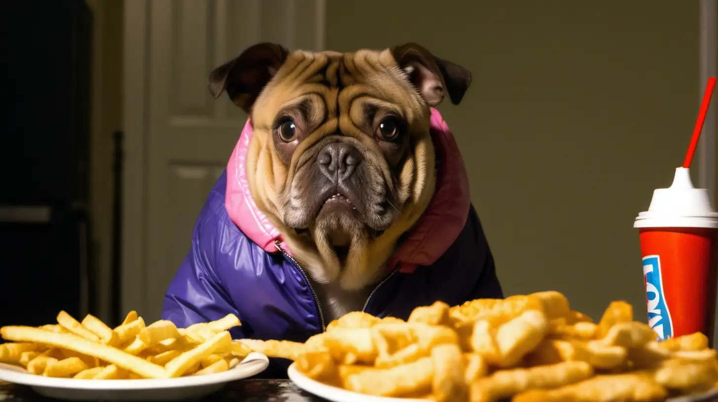 A dog wearing a jacket and pigging out on junk food on a Friday night, looking guiltily at the camera. Food coma.