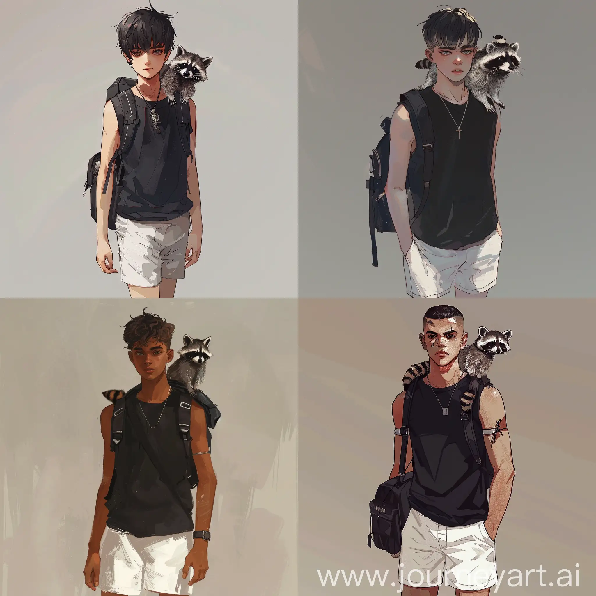 The image depicts a short-haired young man wearing a black sleeveless T-shirt and white shorts. He has a black single-strap backpack slung over one shoulder. Perched on his shoulder is a small raccoon.