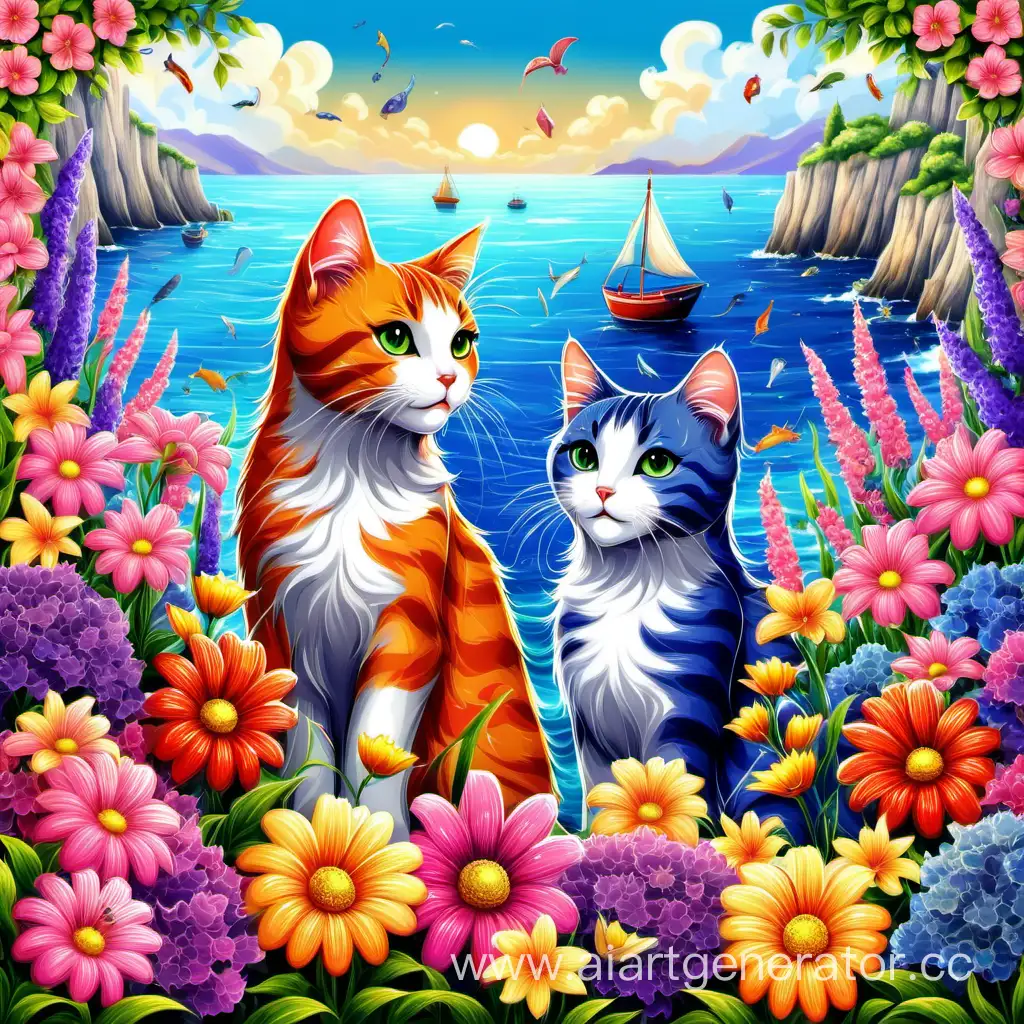Vibrant-Cats-Playing-Among-Colorful-Flowers-by-the-Sea