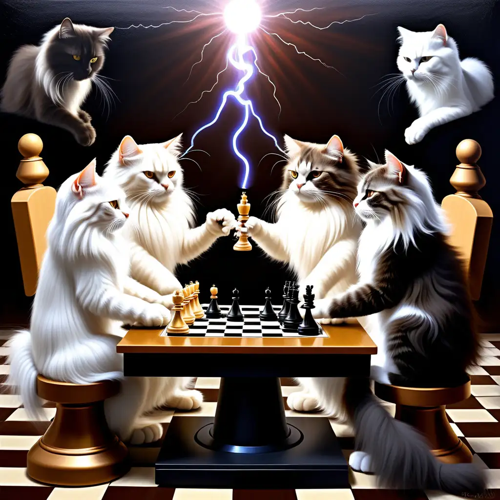 Whimsical Scene Four Longhaired Cats Engage in Chess Play amidst Electric Lab with Tesla Coil