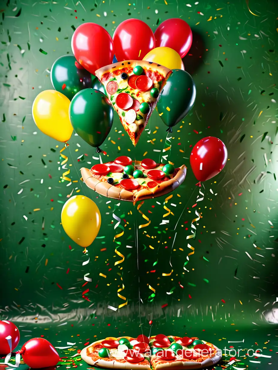 пицца, пицца воздушный шарик, праздник, с днем рождения, конфетти, зеленый фон, пепперони, красный воздушный шарик, зеленый воздушный шарик, белый воздушный шарик, желтый воздушный шарик, пицца летает