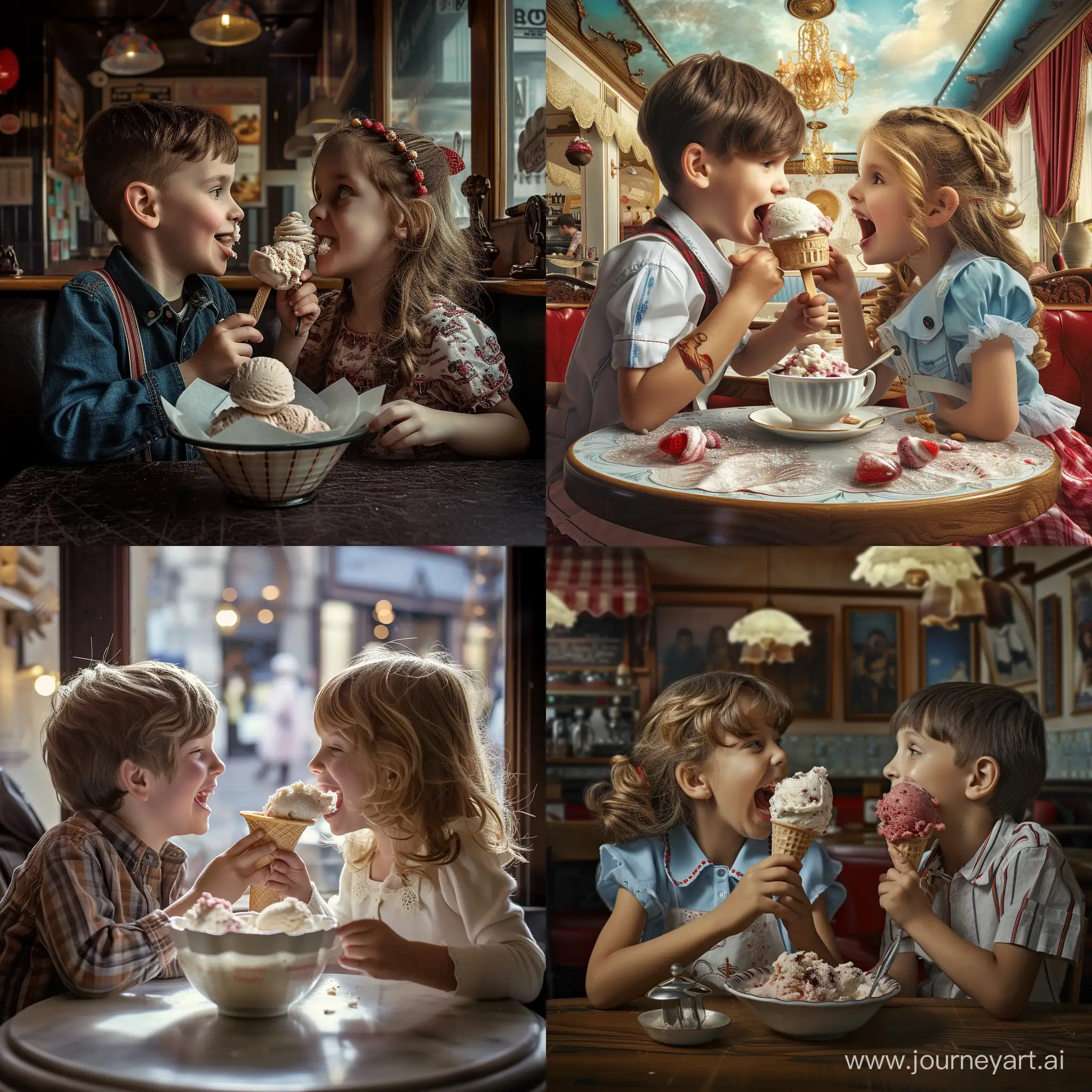 Мальчик с девочкой едят очень вкусное мороженое в кафе, они очень радостные и оживлённо общаются друг с другом, фотография, гиперреализм, высокое разрешение