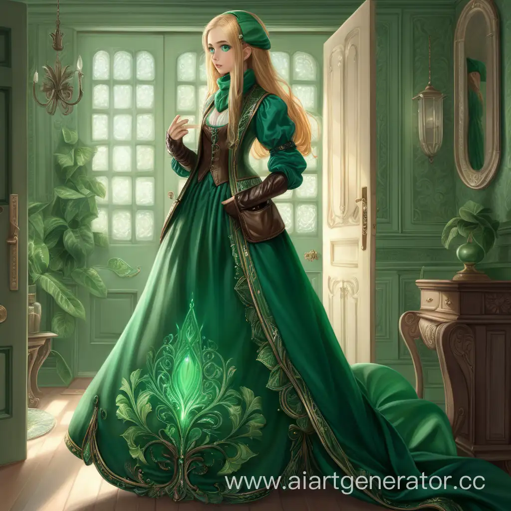 Enchanting-Encounter-Delicate-FairHaired-Girl-in-Unique-Green-Outfit