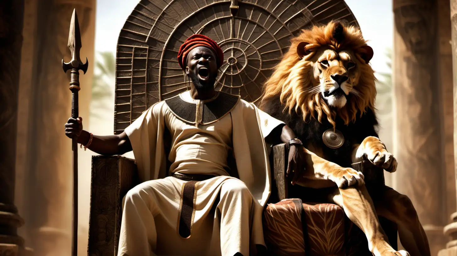 King Sundiata in epic style on a throne with a spear and an African Lion sitting beside him roaring
