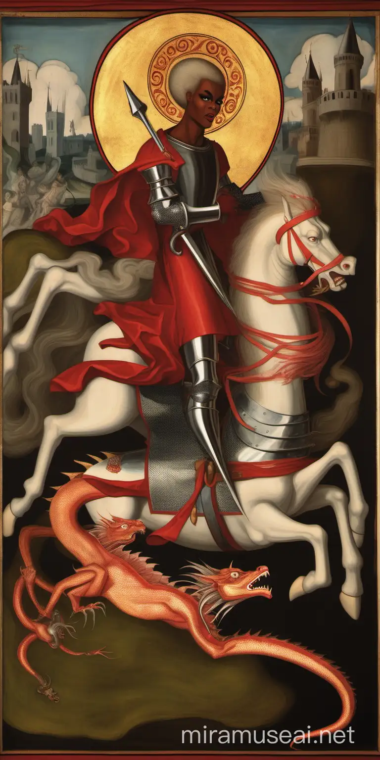 Medival style painting of a Rupaul Drag Race contestant saint george killing a dragon