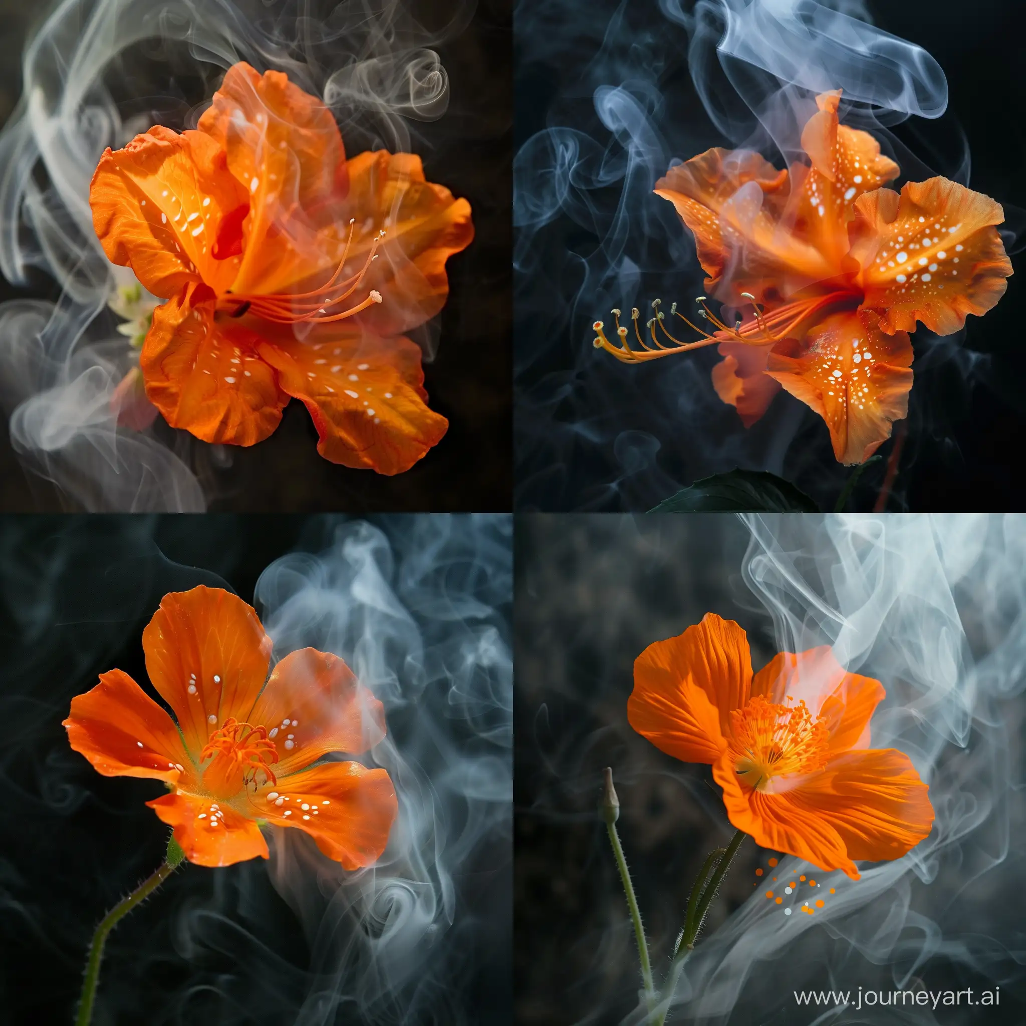 Ярко оранжевый цветок с белыми точками в дыму 