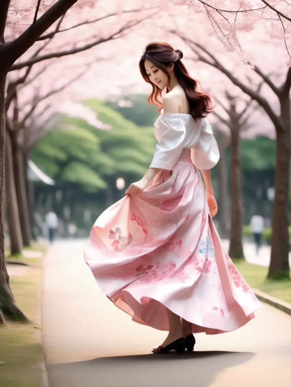 Generate an AI scene set in a serene park, capturing the beauty of a young Japanese woman in a romantic moment. Picture her looking back with a gentle smile, extending her hand to clasp that of her lover. Envision a romantic atmosphere with her wearing an alluring off-shoulder outfit, a floral pink skirt, and her long hair gracefully flowing in the wind.