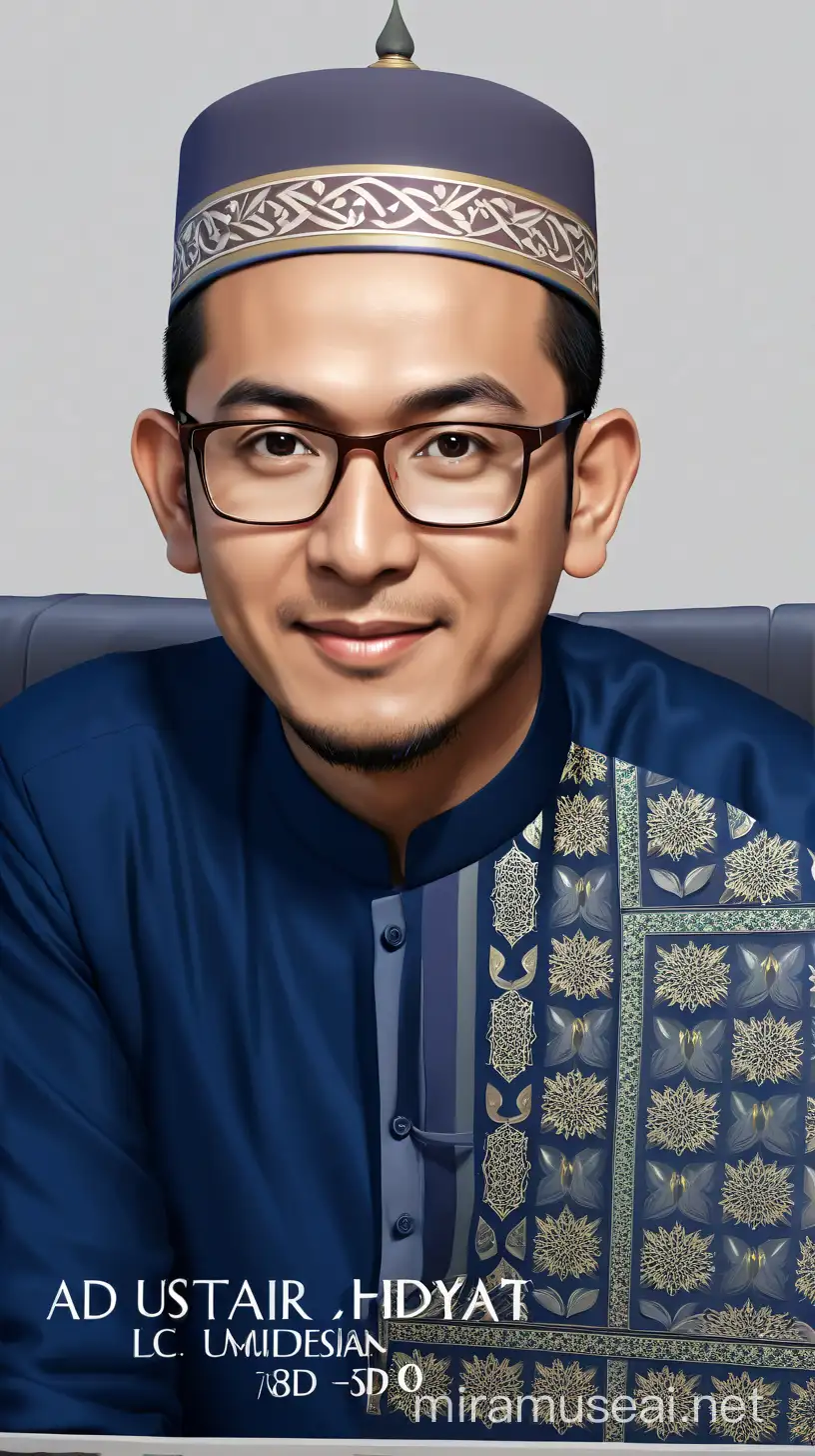 illustration of the image of Ustad Adi Hidayat, Lc, indonesian, half body image. The image is close and clear, the back screen of the mosque room is quite dark, the image is 3D, high resolution