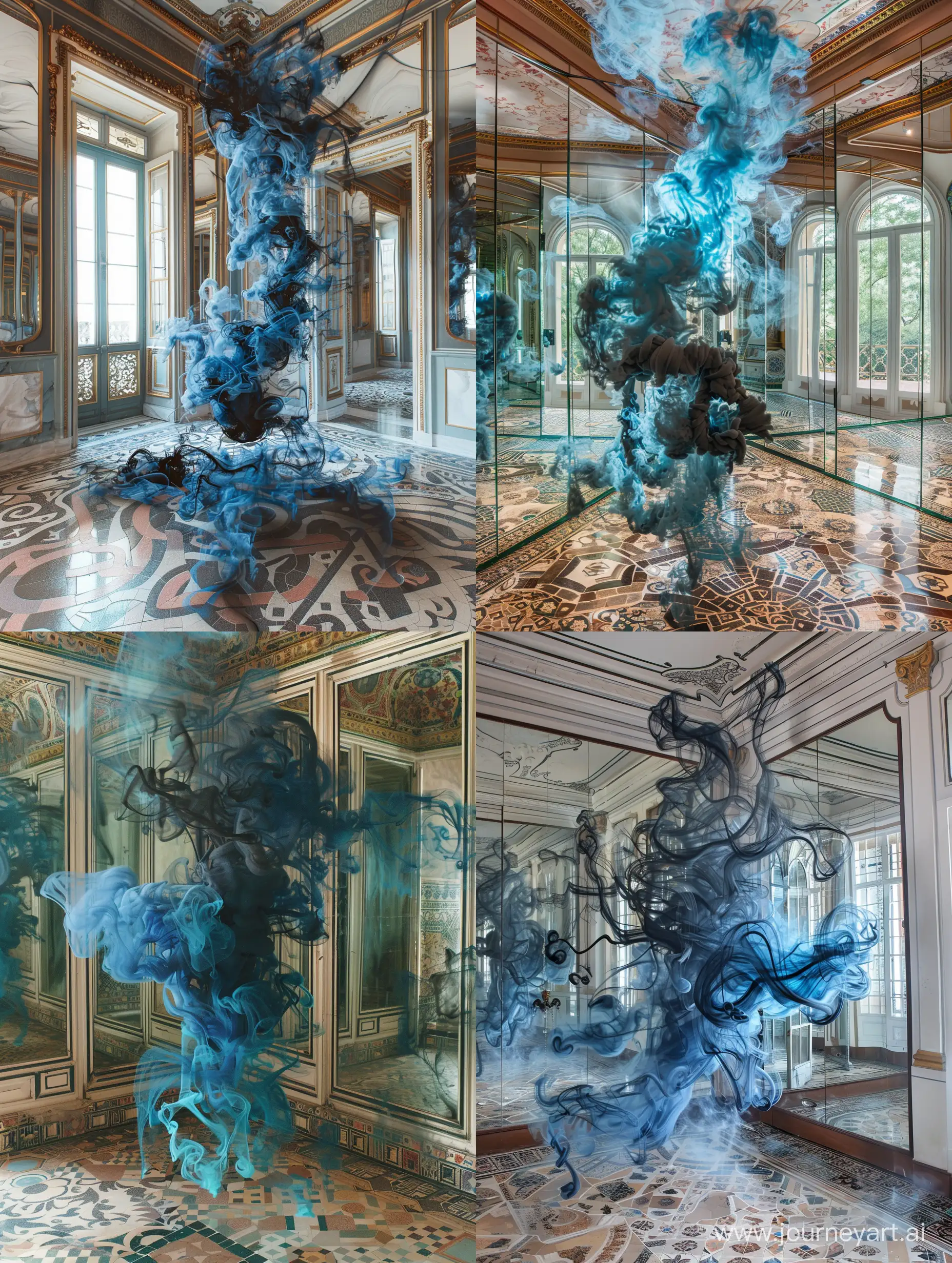 An unusual intricate being made entirely of blue and black smoke hovers inside of a room with mirror walls and an intricate tile mosaic floor