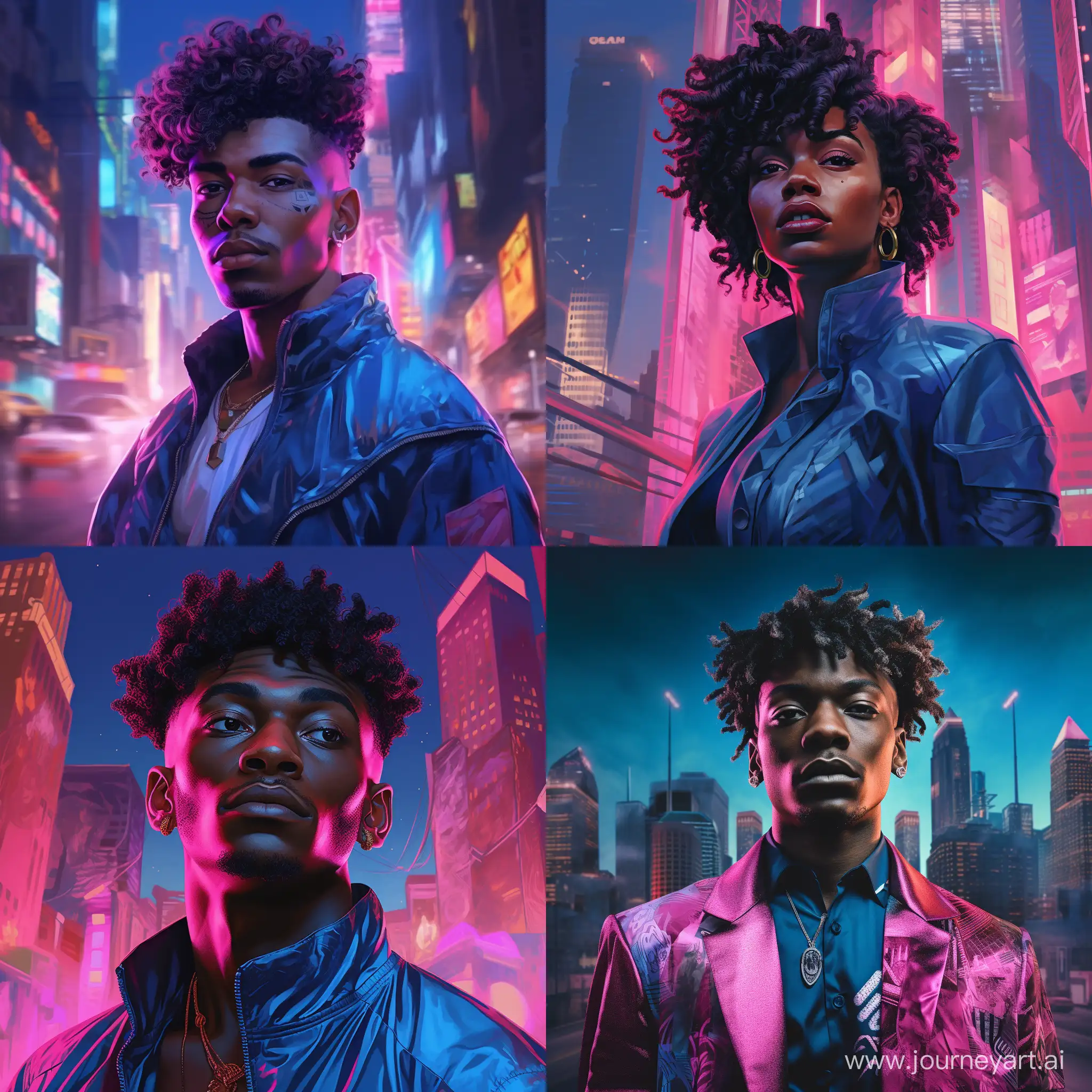 Hyper realistic cyberpunk portrait of black man with short curly hair in neon blue and pink futuristic city
