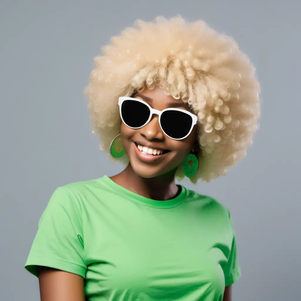 Beautiful smiling African lady in blond afro wig, white sunglasses, green t shirt , side view