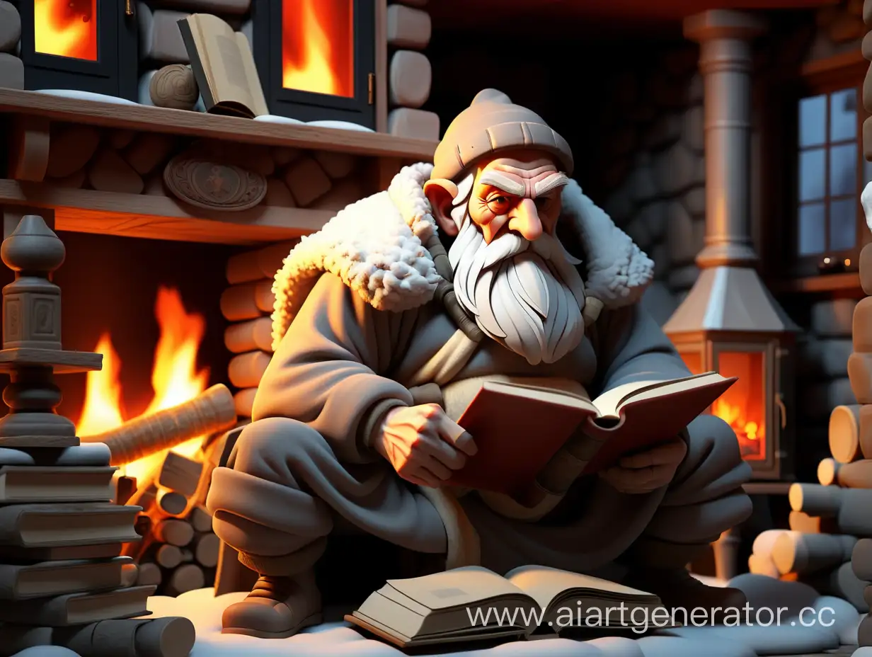 Старый-мудрый богатырь сидит возле костра в уютном доме вечером зимой перед книгой и лицом к зрителю